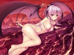  atomix barefoot breasts butt demon demon_wings female hair hands hell hindpaw horn horns lightning looking_at_viewer lying navel nipples nude on_side original paws pink_hair possible_duplicate red_eyes solo spade_tail succubus tail volcano wings 