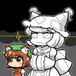  animal_ears brown_eyes brown_hair cat_ears chen chibi color_drain dora_ita earrings fox_tail hat jewelry multiple_girls multiple_tails parody partially_colored short_hair single_earring style_parody tail touhou yakumo_ran 