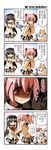  4koma ^_^ akemi_homura black_hair blush bullet_hole closed_eyes comic crusoe holding_hands kaname_madoka kyubey long_hair mahou_shoujo_madoka_magica mitakihara_school_uniform multiple_girls pink_eyes pink_hair school_uniform short_hair short_twintails smile spoilers translated twintails 