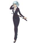  belt blue_hair cuboon formal high_heels highres katana orange_eyes original pant_suit ponytail shoes solo suit sword weapon 