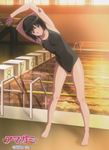  absurdres amagami armpits arms_behind_head arms_up artist_request barefoot black_hair blue_eyes blush competition_swimsuit cover dvd_cover evening full_body highres indoors lane_line nanasaki_ai official_art one-piece_swimsuit pool pool_ladder poolside refraction short_hair smile solo standing starting_block stretch swimsuit twilight water 