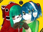  alternate_costume bad_id bad_pixiv_id blue_hair bodypaint bow crazy_eyes face facial_mark gloves green_eyes green_hair grin hair_bobbles hair_bow hair_ornament hairclip hands headphones highres hood hoodie jpeg_artifacts kagiyama_hina kawashiro_nitori matryoshka_(vocaloid) multicolored multicolored_eyes multiple_girls o3o red_eyes short_hair smile symbol-shaped_pupils touhou vocaloid yellow_eyes yomosaka 