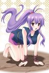  angry anklet barefoot bent_over blush crouching feet japanese_clothes jewelry kimono kunoichi long_hair ninja on_all_fours purple_hair shorts squatting 