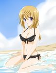 :o beach bikini blonde_hair breasts charlotte_dunois cleavage cloud day frills front-tie_top highres infinite_stratos large_breasts long_hair long_legs navel outdoors purple_eyes side-tie_bikini sinko sitting solo submerged swimsuit wariza 