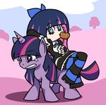  bangs bow candy_apple color_connection crossed_legs crossover food hair_bow heavy horn horse long_hair look-alike multicolored_hair multiple_girls my_little_pony my_little_pony_friendship_is_magic osakaqcvow panty_&amp;_stocking_with_garterbelt parody pony purple_eyes sidelocks simple_background sitting stocking_(psg) striped striped_legwear tears thighhighs twilight_sparkle two-tone_hair unicorn 