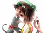  animal animal_ears bad_id bad_pixiv_id blush brown_eyes brown_hair cat cat_ears cat_tail chen closed_eyes earrings emia_(castilla) hat jewelry kiss multiple_tails nekomata ribbon solo tail touhou upper_body 
