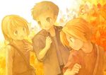  2boys alphonse_elric blonde_hair brothers edward_elric fullmetal_alchemist happy kazi multiple_boys open_mouth orange_(color) siblings smile winry_rockbell yellow younger 