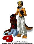  anthro belt biceps canine cat claws clothed clothing dog duo feline female german_shepherd kneeling male mammal muscles pants pecs plain_background puzzle shirt tabby tank_top temrin toe_claws toned topless video_games warcraft white_background 