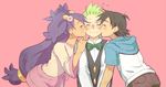  2boys bad_id bad_pixiv_id bangs big_hair bisexual_(male) black_hair blush bow bowtie buttons cheek_kiss closed_eyes dark_skin dent_(pokemon) double_cheek_kiss embarrassed flower green_hair hair_flower hair_ornament hands_on_shoulders heart hood hoodie iris_(pokemon) kiss long_hair low-tied_long_hair mame_(chamame) multiple_boys no_hat no_headwear pokemon pokemon_(anime) pokemon_(game) pokemon_bw pokemon_bw_(anime) ponytail purple_hair sandwiched satoshi_(pokemon) short_hair simple_background spiked_hair sweatdrop two_side_up upper_body very_long_hair vest wince 