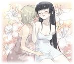  2girls bare_shoulders beauty_mark black_hair blush dress eyes_closed female flower hand_on_another's_face hand_on_face leg_grab light_brown_hair lips long_hair love mole multiple_girls neck short_hair strapless strapless_dress yuri 