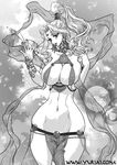  1girl bare_shoulders big_breasts breasts circlet cleavage earrings female forest gensou_suikoden gensou_suikoden_v highres huge_breasts jeane jewelry loincloth long_hair midriff monochrome nature outdoors ponytail sideboob solo suikoden suikoden_i suikoden_ii suikoden_iii suikoden_iv suikoden_v tiara yuri_ai 
