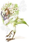  brown_hair elbow_gloves elle_(lom) feathered_wings feathers floral_background flower gloves green_eyes hair_flower hair_ornament legend_of_mana monster_girl seiken_densetsu seqet-aru short_hair simple_background siren_(mythology) solo wings 