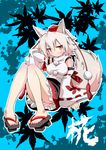  :&lt; absurdres animal_ears bad_id bad_pixiv_id blush closed_mouth detached_sleeves frown geta givuchoko hat highres inubashiri_momiji jitome knees_touching legs orange_eyes red_eyes sandals short_hair silver_hair slit_pupils solo tail tokin_hat touhou v-shaped_eyebrows wolf_ears wolf_tail 