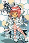  .hack//tasogare_no_udewa_densetsu 1girl dress duplicate grunty hat highres honeycomb_(pattern) honeycomb_background izumi_rei mireille_(.hack//) pantyhose solo staff striped striped_legwear 