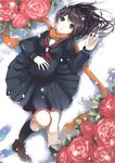  blue_eyes brown_hair flower highres long_hair orange_scarf original red_flower red_rose rose scarf school_uniform solo tate_(donnguriumai) 