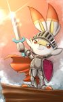  2019 ambiguous_gender anthro armor cape clothing fur helmet knight lagomorph long_ears mammal melee_weapon nintendo otakuap pok&eacute;mon pok&eacute;mon_(species) scorbunny shield smile solo standing sword video_games weapon 