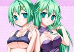  adjusting_hair aqua_eyes blush breasts bucchake_(asami) cleavage green_eyes green_hair hand_in_hair holding_hands interlocked_fingers kaitou_tenshi_twin_angel looking_at_viewer medium_breasts multiple_girls nine_violet siblings smile tank_top tesla_violet twin_angel twins underboob 