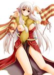  bad_id bad_pixiv_id breast_slip breasts detached_sleeves hair_ribbon long_hair medium_breasts professor_(ragnarok_online) ragnarok_online red_eyes ribbon scarf silver_hair simple_background solo theta_(ponkotsu_works) very_long_hair 