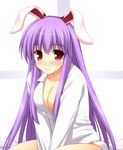  animal_ears ash_(pixiv) blush breasts bunny_ears cleavage long_hair medium_breasts naked_shirt no_bra purple_hair red_eyes reisen_udongein_inaba shirt smile solo touhou v_arms very_long_hair 