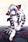  bell blue_eyes breasts cat claws cleavage collar face_markings feline female karin nude one_eye_closed pawpads sitting solo stripes tail tetetor-oort whiskers 田代憂 