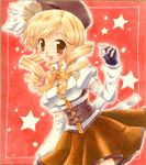  beret blonde_hair bow brown_eyes corset detached_sleeves dress drill_hair gloves hat long_hair mahou_shoujo_madoka_magica marker_(medium) millipen_(medium) minami_kawa puffy_sleeves ribbon smile solo star tomoe_mami traditional_media twintails yellow_bow 