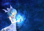  blue_hair bow cirno closed_eyes dress eyebrows fairy hair_bow highres ribbon short_hair smile solo tomokatsu touhou 