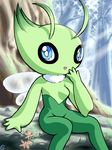  blue_eyes celebi female forest g-sun green looking_at_viewer pok&eacute;mon sitting solo tree wings 