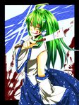  absurdres ahoge bare_shoulders blood blood_on_face border detached_sleeves gohei green_eyes green_hair highres hiro_(scarlettginger) kochiya_sanae licking_lips long_hair solo tongue tongue_out touhou 