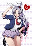  blazer blue_eyes braid cosplay jacket kotoyoro legs long_hair miniskirt necktie new_year pleated_skirt red_neckwear reisen_udongein_inaba reisen_udongein_inaba_(cosplay) silver_hair skirt solo spanking_momoko thighs touhou translated yagokoro_eirin 