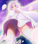  cape cherry_blossoms elbow_gloves eyelashes flower from_below gloves haruyama_kazunori heart heartcatch_precure! heterochromia long_hair looking_down mugen_silhouette panties pink_hair precure solo sparkle spoilers star thighhighs underwear very_long_hair 
