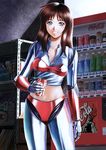  android blue_eyes brown_eyes brown_hair can coca-cola grin leina_stol machine_robo machine_robo_chronos_no_gyakushuu midriff navel paint_can product_placement shelf shirt smile solo tied_shirt vending_machine yusao 