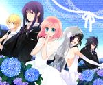  3boys bad_id bad_pixiv_id black_hair blonde_hair blue_background dress earrings elbow_gloves estellise_sidos_heurassein flower flynn_scifo formal gloves hisui_hearts jewelry kohak_hearts miyu_(matsunohara) multiple_boys multiple_girls necktie pink_hair purple_hair suit tales_of_(series) tales_of_hearts tales_of_vesperia tuxedo wedding_dress yuri_lowell 