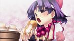  agarest_senki_(series) agarest_senki_2 blush earrings eating face game_cg headband hirano_katsuyuki jewelry necklace open_mouth purple_eyes purple_hair ri_ra_rua sexually_suggestive short_hair solo 