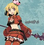  :d belt blonde_hair breasts cleavage fantasy_earth_zero flower front-tie_top garter_straps garters hair_flower hair_ornament jacket medium_breasts melampus midriff navel open_mouth purple_eyes red_legwear short_hair skirt sleeves_past_wrists smile solo sorcerer staff tanaka_(cow) thighhighs 