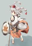  animal_ears bad_id bad_pixiv_id detached_sleeves from_behind full_body geta hat highres inubashiri_momiji red_eyes sandals scabbard sheath shield short_hair silver_hair solo standing sword tail takashiru tokin_hat touhou weapon wolf_ears wolf_tail 