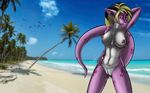  anthro beach breasts chronoreaper coral_dragon_(character) detailed_background dragon female nipples nude pink pink_body pose scalie sea seaside solo tropical water 