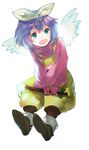  blue_hair bodysuit bow eiko_carol final_fantasy final_fantasy_ix flute green_eyes horn instrument kochimo multicolored_hair open_mouth pink_bodysuit purple_hair ribbon short_hair solo two-tone_hair wings yellow_bow 