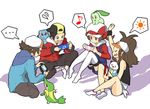  2boys 2girls alternate_costume backwards_hat baseball_cap chikorita gen_2_pokemon gen_5_pokemon gold_(pokemon) handheld_game_console hat kotone_(pokemon) monster_hunter multiple_boys multiple_girls musical_note oshawott playstation_portable pokemon pokemon_(creature) pokemon_(game) pokemon_bw pokemon_hgss sitting snivy socks thighhighs tm_(hanamakisan) totodile touko_(pokemon) touya_(pokemon) 