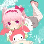 bunny female hairband hello_kitty looking_at_viewer lowres lying mary_janes mouth_hold original pink_eyes pink_hair pocky sailor_antei shoes shorts solo striped striped_legwear striped_thighhighs stuffed_animal stuffed_toy thighhighs twintails 