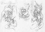  2boys character_request chijoue_naska creature feena_(grandia) from_above glasses grandia grandia_i graphite_(medium) greyscale hair_ornament mecha monochrome multiple_boys pipe puui_(grandia) sketch smile traditional_media whip 