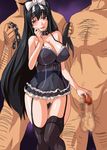  1girl 2boys bdsm black_hair breasts censored chains collar game_cg large_breasts leash legwear lingerie long_hair multiple_boys no_panties penis pussy see-through stockings thighhighs underwear 