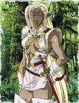  anime_coloring belt blonde_hair breasts breasts_apart center_opening circlet covered_nipples dark_skin elbow_gloves elf forest gloves hand_on_hip lipstick long_hair looking_at_viewer low-tied_long_hair makeup medium_breasts nature official_style photo_background pirotess pointy_ears purple_eyes record_of_lodoss_war red_lipstick sagatan sheath sleeveless sword very_long_hair weapon 