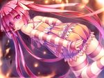  annoyed bare_shoulders blush bracelet covering covering_ass detached_sleeves dutch_angle from_behind highres jewelry long_hair looking_back namaru_(summer_dandy) original pink_eyes pink_hair shiny shiny_hair sleeves_past_wrists solo striped striped_legwear thighhighs twintails wallpaper zettai_ryouiki 
