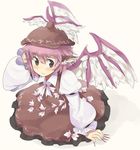  animal_ears arm_support bad_id bad_pixiv_id blush dress earrings fingernails hat jewelry kneeling long_fingernails mystia_lorelei purple_eyes purple_hair short_hair single_earring smile solo takashiru touhou wings 