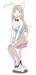  animal_ears blue_eyes blush bow bowtie breasts brown_hair bunny_ears bunny_tail bunnysuit cleavage copyright_request full_body hairband high_heels large_breasts long_hair nishieda open_mouth pantyhose shoes simple_background sitting solo stool tail wrist_cuffs 