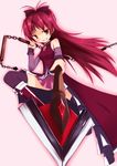  aiming_at_viewer amakumo boots chain grin hair_ribbon highres long_hair magical_girl mahou_shoujo_madoka_magica pleated_skirt polearm ponytail red_eyes red_hair ribbon sakura_kyouko simple_background skirt smile solo spear thighhighs weapon 