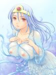  blue_hair breasts circlet cleavage dragon_quest dragon_quest_iii flowing_dress large_breasts nipples no_bra no_panties red_eyes sage_(dq3) see-through solo suenaga_(progressive) water 