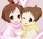  bad_id bad_pixiv_id brown_eyes brown_hair cheek-to-cheek hachimitsu_candy heart heart_hands heart_hands_duo high_ponytail hirasawa_ui hirasawa_yui k-on! multiple_girls one_eye_closed short_hair siblings sisters younger 