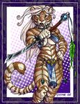  blue_eyes breasts cleavage collar feline female hair looking_at_viewer midriff muscles piercing solo stephanie_stone stripes tiger tough warrior white_hair 