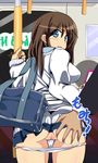  1girl ass ass_grab blue_eyes brown_hair cellphone censored comord flip_phone grabbing_another's_ass groping hetero looking_back miniskirt molestation mosaic_censoring original panties panty_pull phone pleated_skirt pussy skirt solo_focus train_interior underwear white_panties 